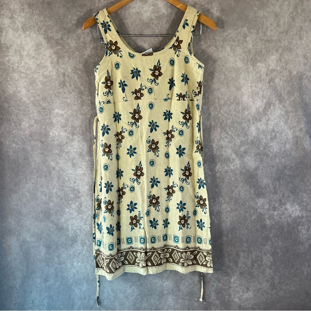 Vintage California Concepts Mini Dress Womens Beige Floral Tie Waist Hippie Boho